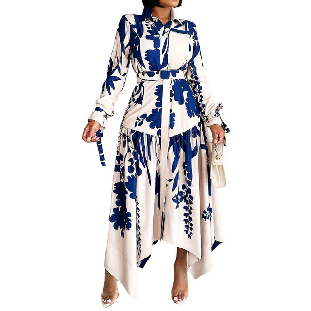 NWOT-Navy and Ivory Long-Sleeve Button Down Floral Shark Tooth Hem Dress w/Belt.